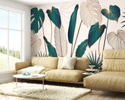 Serene Metallic Gold and Teal Tropical Jungle Leaves Botanical Premium Wallpaper
