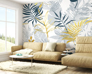 Elegant Navy Blue and Gold Abstract Tropical Palm Trees Botanical Premium Wallpaper