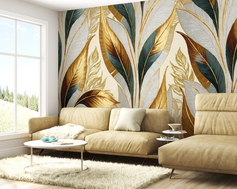 Majestic Gold and Teal Abstract Tropical Jungle Leaves Botanical Premium Wallpaper