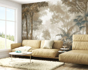 Serene Misty Tropical Forest and Neutral Palm Trees Jungle Landscape Botanical Premium Wallpaper