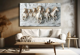 Seven Running Horses: 3D White Theme Luxury Vastu Prosperity – Premium Canvas Wall Art