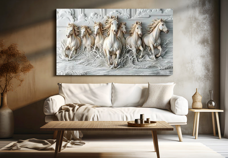 Seven Running Horses: 3D White Theme Luxury Vastu Prosperity – Premium Canvas Wall Art