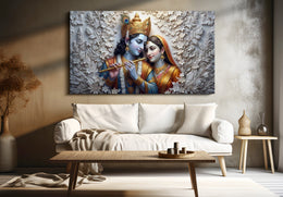 Lord Krishna Standing and Playing the Flute with Peacock Feather Crown and Palace Archway : Lord Krishna 3D Premium Gold Foil Canvas Frame
