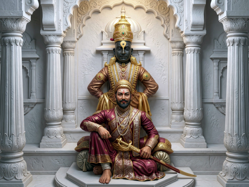 Bhakti-Shakti Sangam with Lord Vitthal and Ivory White Temple Pillars: Chhatrapati Shivaji Maharaj – Premium Canvas Frame