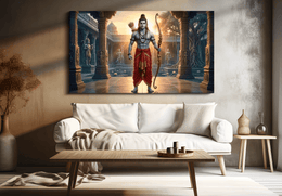 Lord Rama in Majestic Temple Courtyard Heritage Portrait - Premium Canvas Wall Art