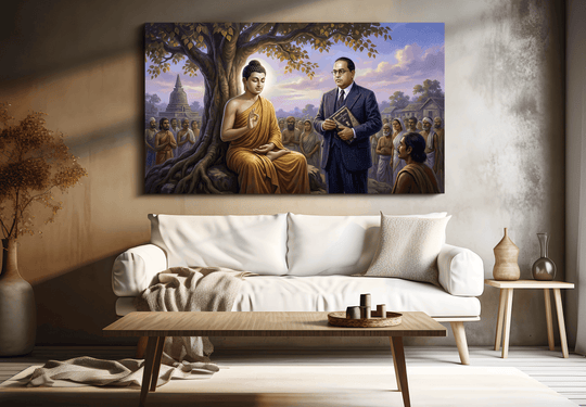 डॉ. बाबासाहेब आंबेडकर संविधानासह आणि भगवान गौतम बुद्ध बोधीवृक्षाखाली - पॅनोरामिक प्रीमियम कॅनव्हास वॉल आर्ट