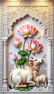 Gau Mata and Vasuru: 3D White Theme with Kamal and Mandir Archway – 3D Gold Foil Premium Canvas Wall Frame