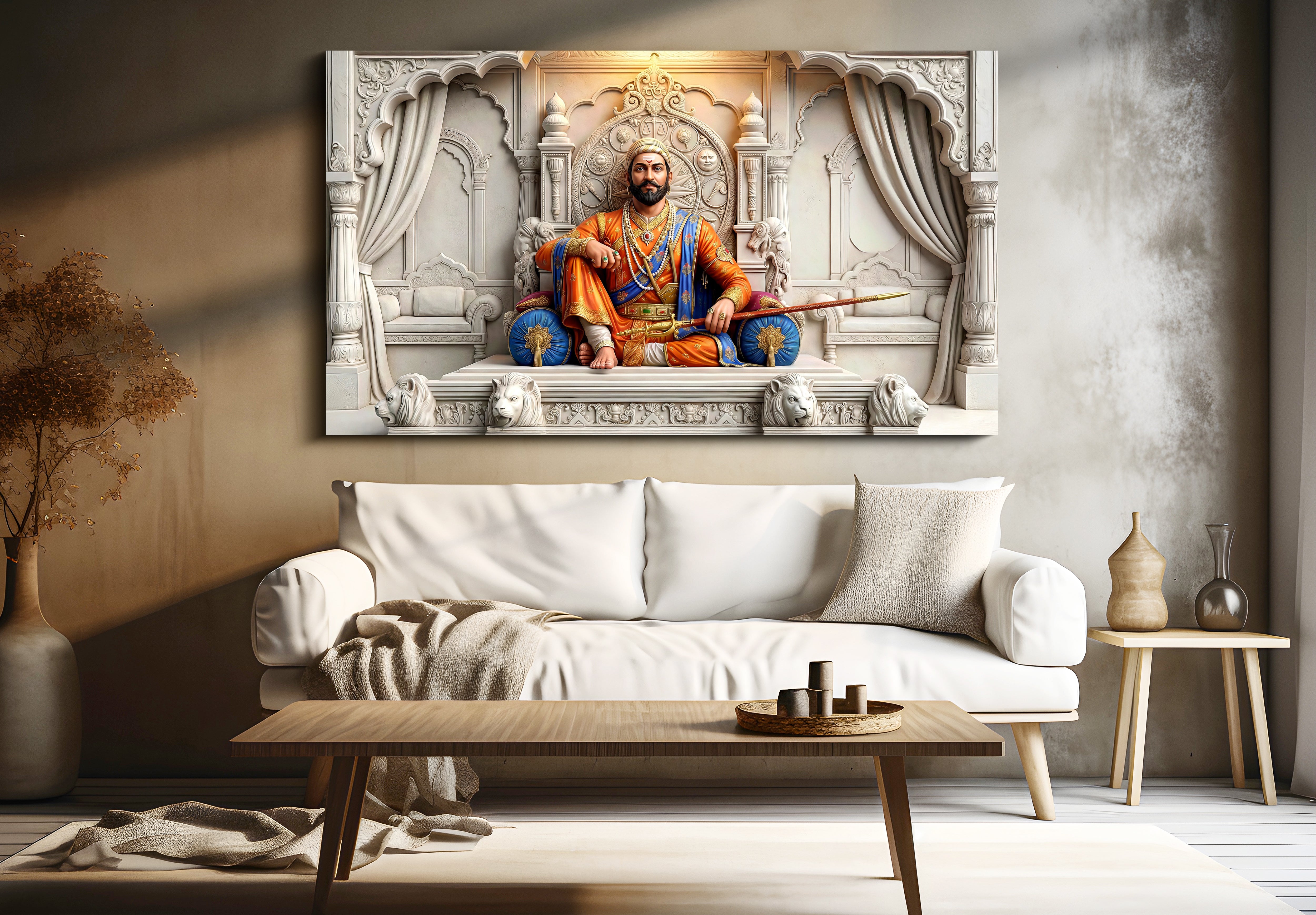 Chhatrapati Shivaji Maharaj: 3D White Theme Royal Court Heritage Portrait – Premium Canvas & Acrylic Wall Art