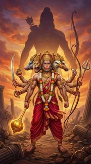 Panchmukhi Hanuman with Prabhu Shri Ram Silhouette and Ten Arms holding Gada & Trishul: Mahabali Bajrangbali – 3D Gold Foil Premium Canvas Wall Frame