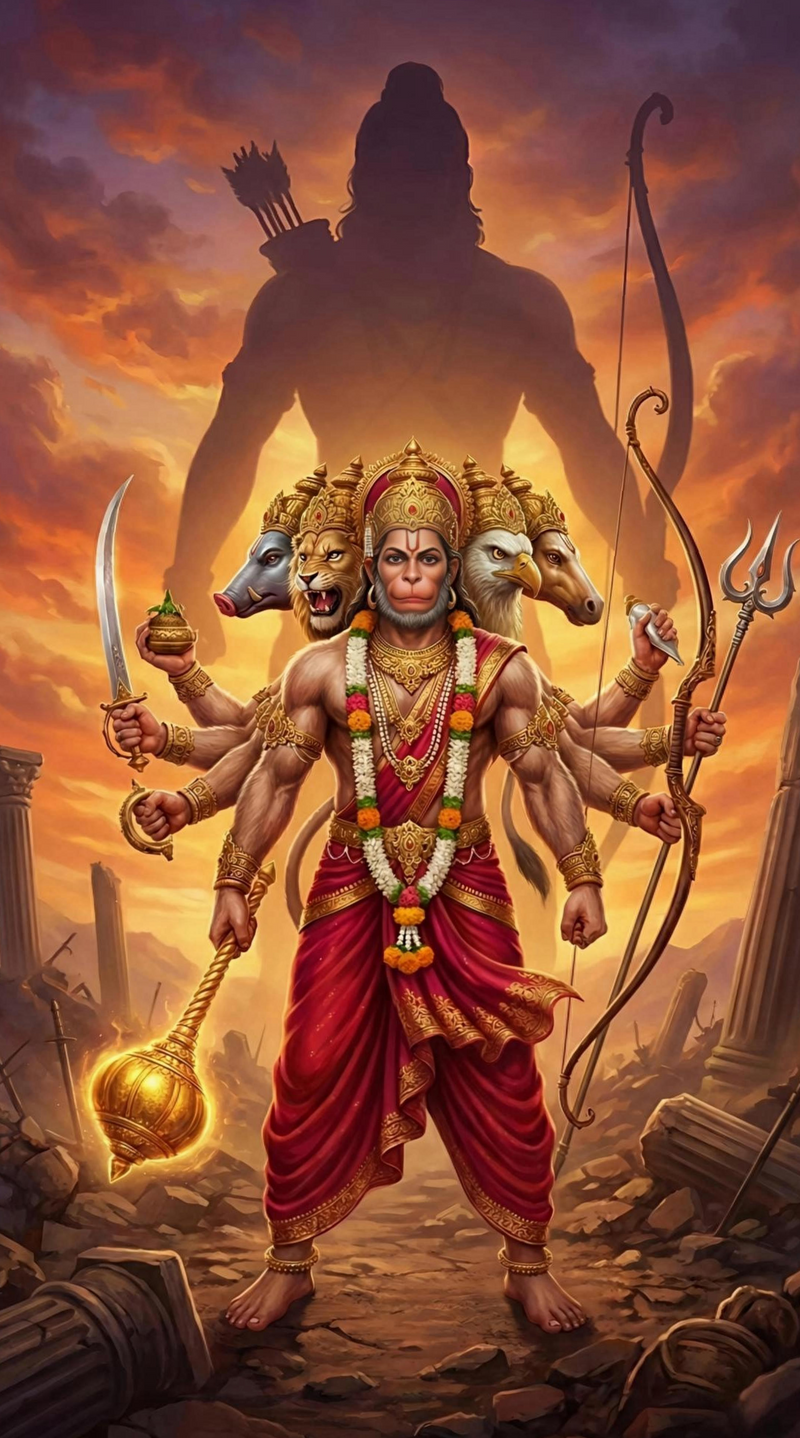 Panchmukhi Hanuman with Prabhu Shri Ram Silhouette and Ten Arms holding Gada & Trishul: Mahabali Bajrangbali – 3D Gold Foil Premium Canvas Wall Frame