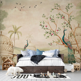 Puratan Mahal Mora and Sundar Phool Heritage: Royal Peacock Indian Heritage Premium Wallpaper