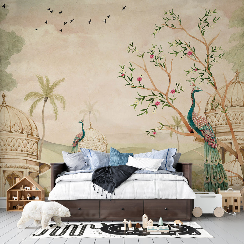Puratan Mahal Mora and Sundar Phool Heritage: Royal Peacock Indian Heritage Premium Wallpaper