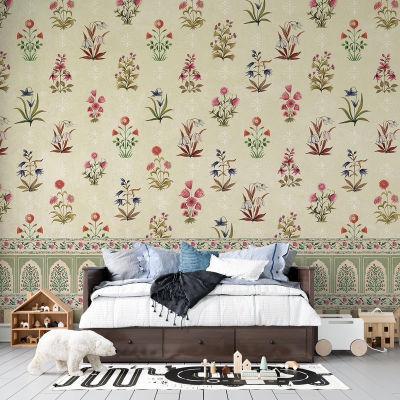 Vintage Mughal Buti and Mehrab Border Heritage: Traditional Botanical Indian Heritage Premium Wallpaper