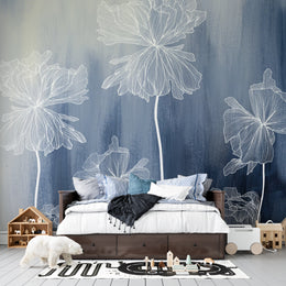 Minimalistic Indigo Phool and Safed Line Art: Modern Botanical Indian Heritage Premium Wallpaper