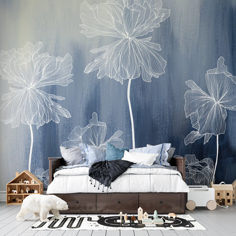 Minimalistic Indigo Phool and Safed Line Art: Modern Botanical Indian Heritage Premium Wallpaper