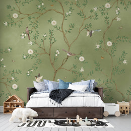 Vintage Olive Bagicha and Exotic Panchi Heritage: Botanical Garden Indian Heritage Premium Wallpaper