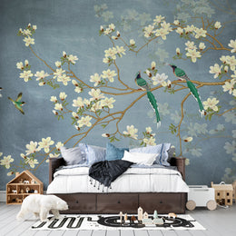 Aakarshak Safed Phool and Haray Panchi Blue Heritage: Exotic Botanical Indian Heritage Premium Wallpaper