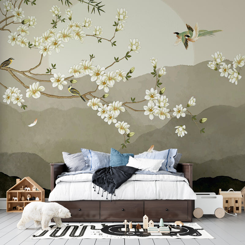 Pahadi Chand aur Safed Phool Heritage: Sage Green Mountain Botanical Indian Heritage Premium Wallpaper