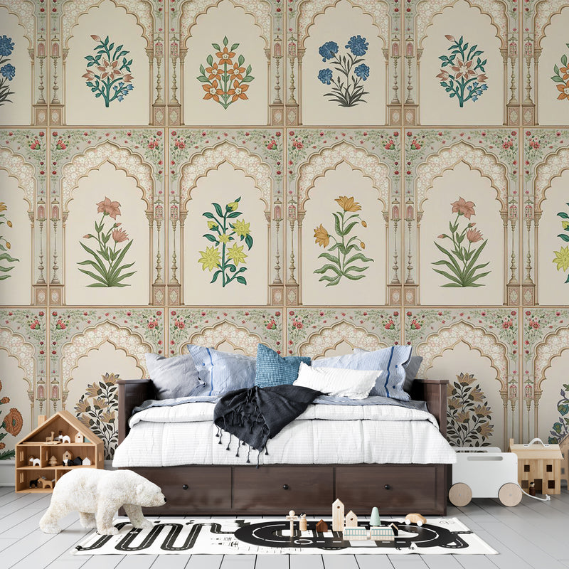 Puratan Mehrab Buti Mahal Sajawat Heritage: Mughal Botanical Indian Heritage Premium Wallpaper