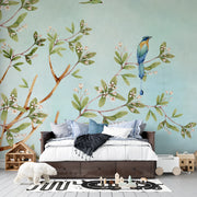 Vintage Blue Bird and White Phool Heritage: Aqua Botanical Indian Heritage Premium Wallpaper