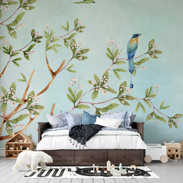 Vintage Blue Bird and White Phool Heritage: Aqua Botanical Indian Heritage Premium Wallpaper