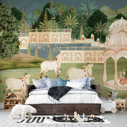 Traditional Gau Mata Mora and Gopi Bagicha Mandapam: Classical Miniature Indian Heritage Premium Wallpaper