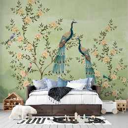 Vintage Peacock, More and Sundar Phool Heritage: Sage Green Botanical Indian Heritage Premium Wallpaper