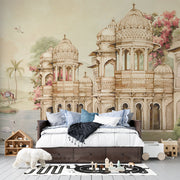 Puratan Mahal Royal Architecture and Oasis Landscape: Grand Palace Indian Heritage Premium Wallpaper