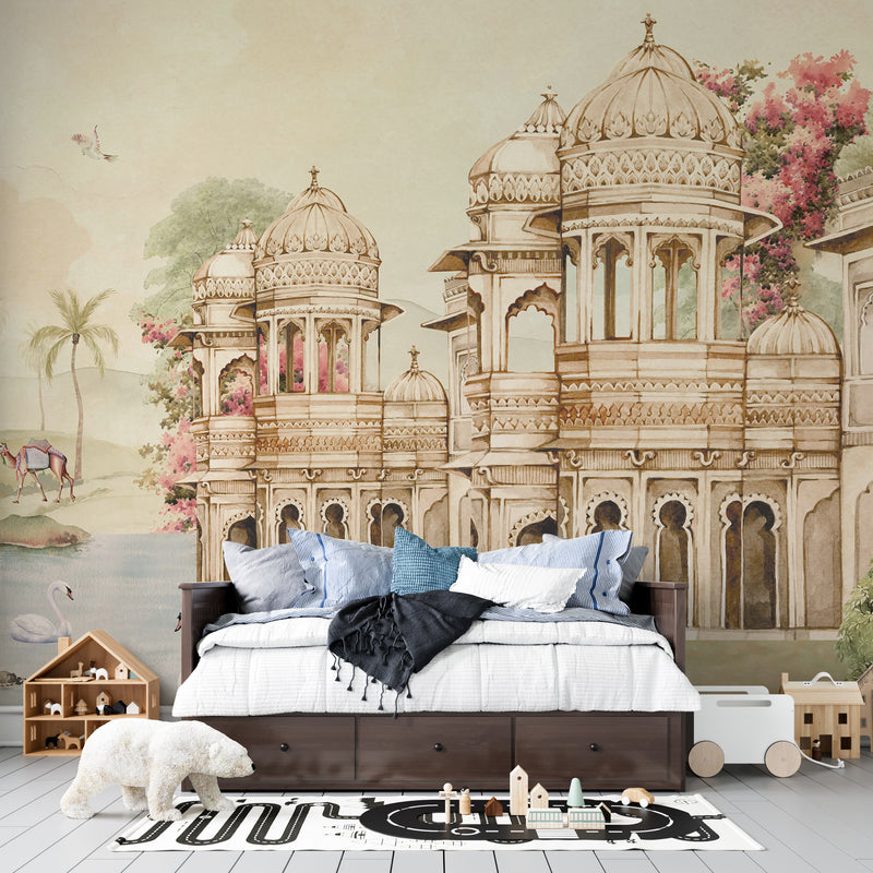 Puratan Mahal Royal Architecture and Oasis Landscape: Grand Palace Indian Heritage Premium Wallpaper