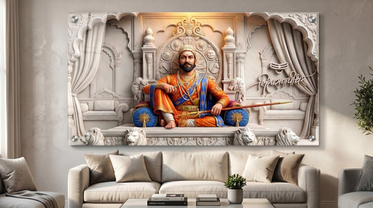 छत्रपती शिवाजी महाराज: थ्रीडी व्हाइट थीम रॉयल कोर्ट हेरिटेज पोर्ट्रेट – प्रीमियम कॅनव्हास आणि ॲक्रेलिक वॉल आर्ट